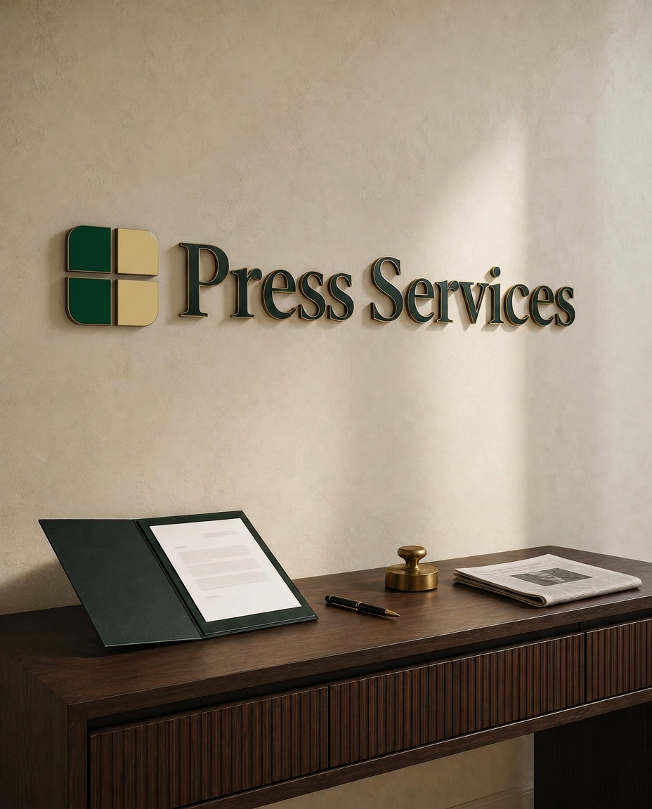 Press Services wall sign with the green and gold four-part brand mark above a prepared press release